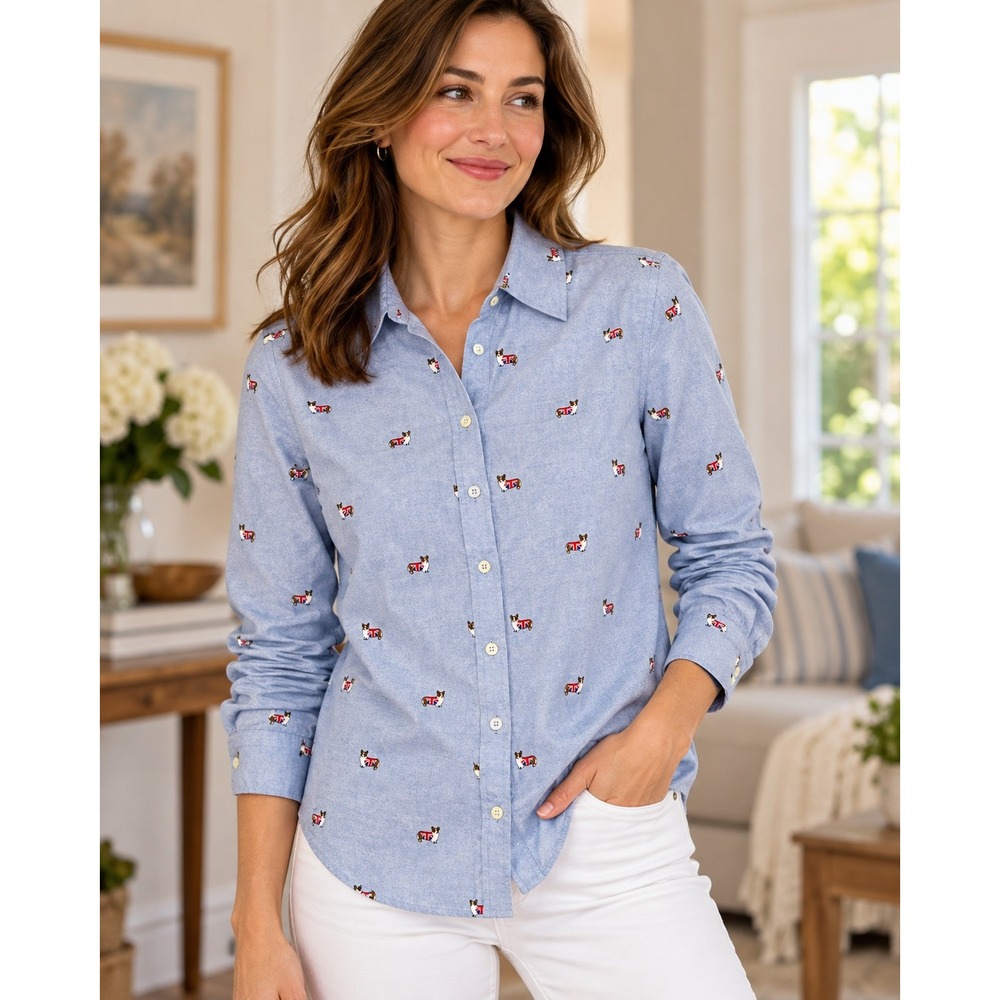 Talbots Corgi Dog Print Shirt Womens Small Blue 100% Cotton Button Down Preppy